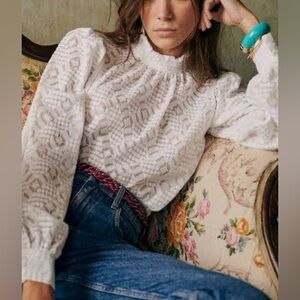 NWT SEZANE size 42 US 10 White SHONA Blouse Burnout Ruffle Neck Full Slv